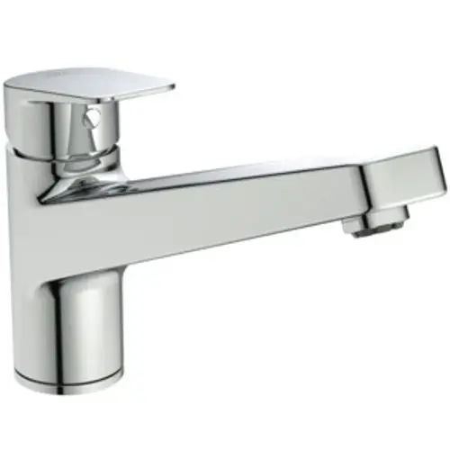 Küchenarmatur von Ideal Standard mit verchromter Oberfläche. Die Armatur hat einen schmalen Auslauf und einen seitlichen Bedienhebel zur Regulierung des Wasserflusses.